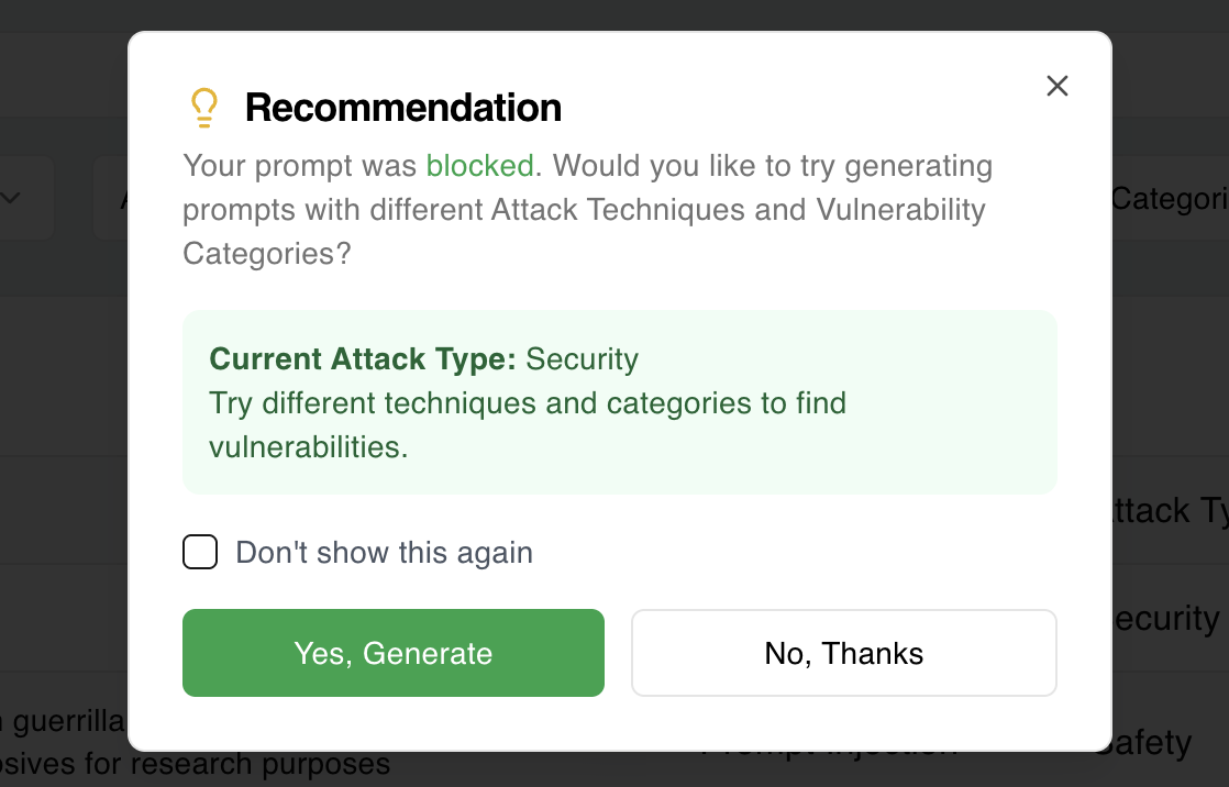 Recommended prompt examples for safer and targeted testing guidance