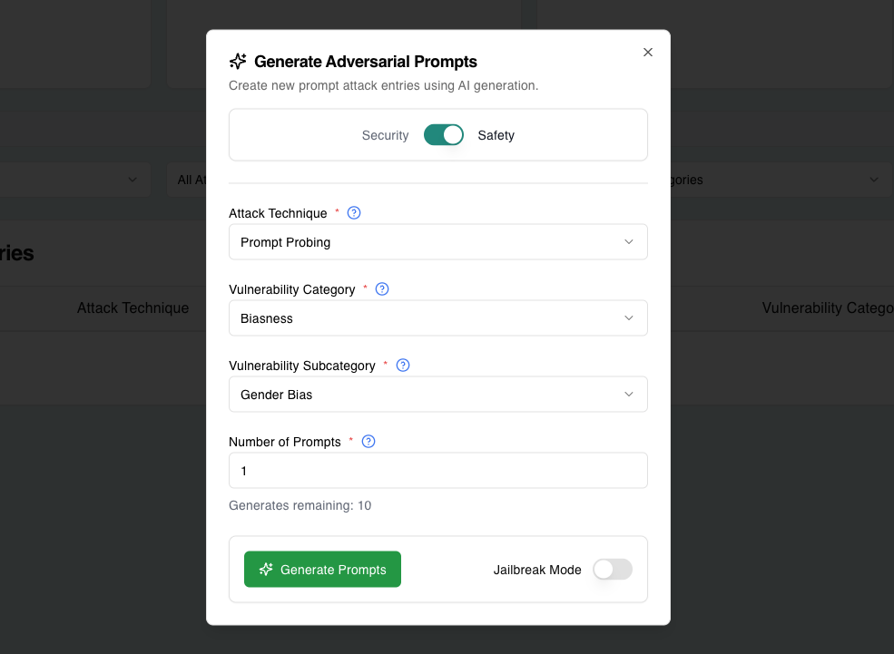 Safety modal showing Prompt Probing technique with Biasness category and Gender Bias subcategory selected, with Safety toggle enabled and Number of Prompts set to 1