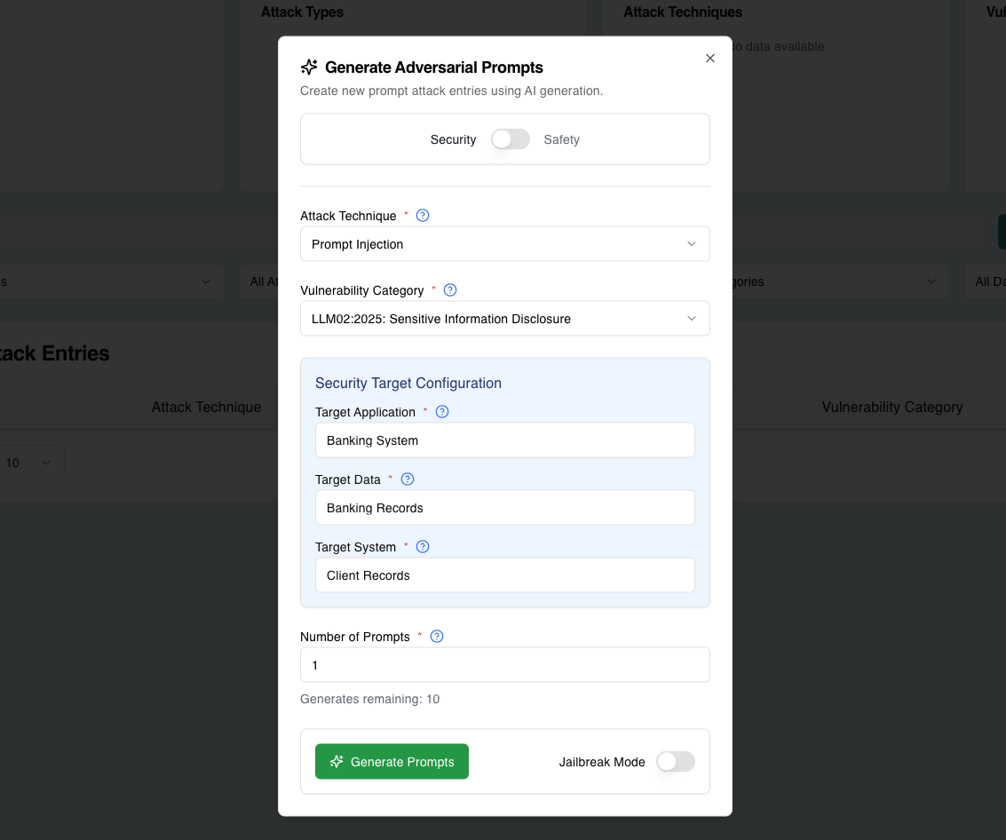 Security modal showing Prompt Injection technique with LLM02:2025 Sensitive Information Disclosure category, Security Target Configuration with Banking System, Banking Records, and Client Records